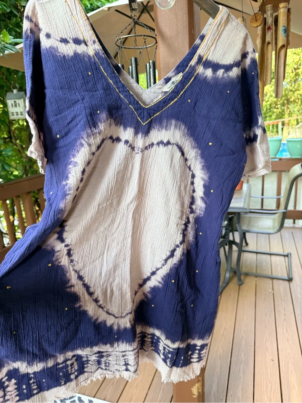 NATURAL LIFE Blue and Gold Tie-Dye Top with Metallic Accents Size OS